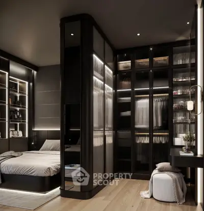 Luxurious modern bedroom with elegant walk-in closet and ambient lighting