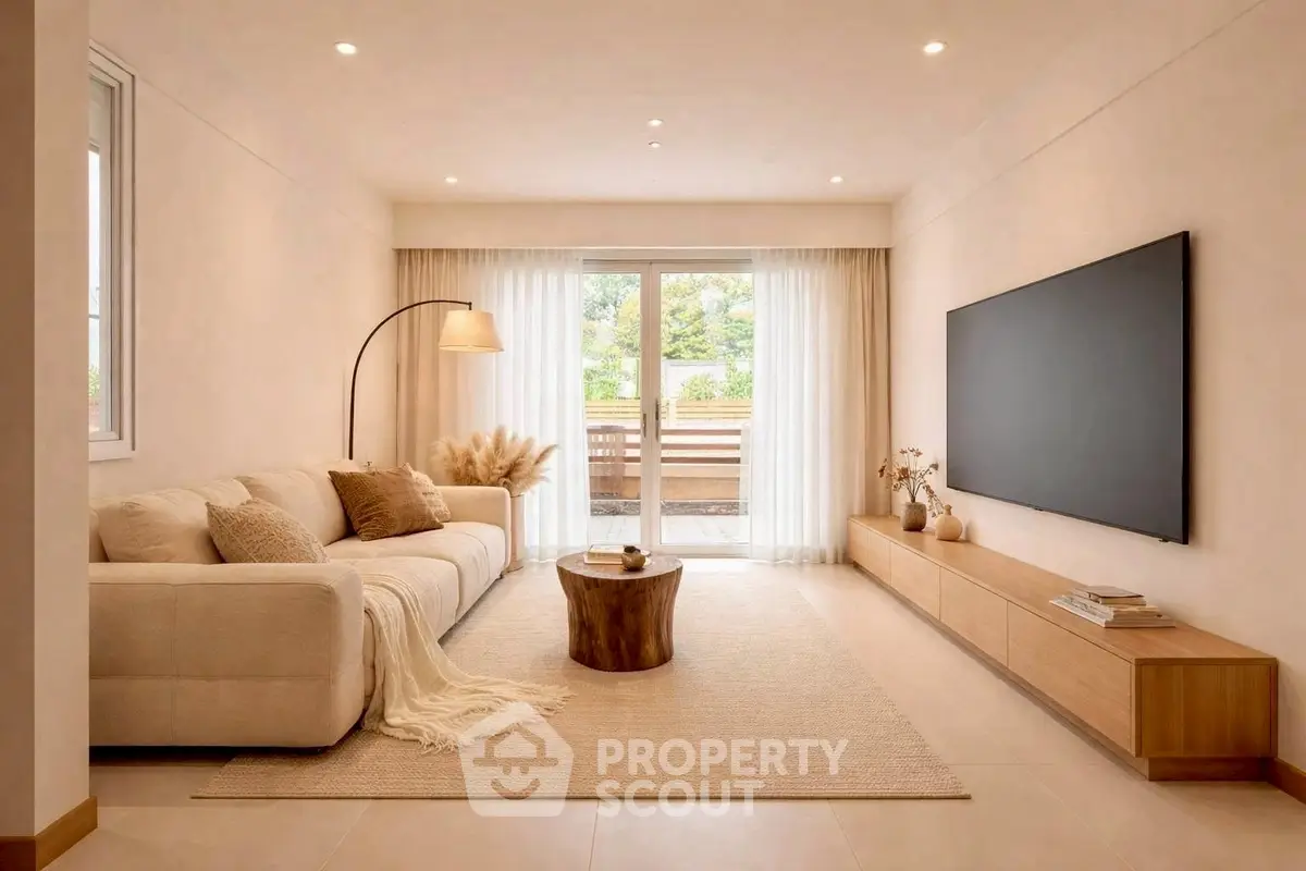 Spacious modern living room with large TV and cozy seating area, perfect for relaxation.
