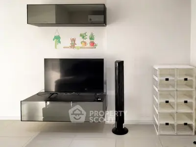 Modern living room with sleek TV stand and storage unit