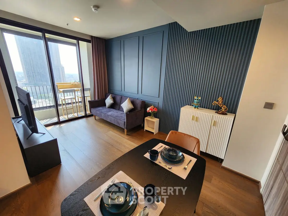 Modern living room with balcony view and stylish decor