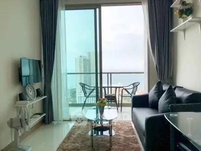 Modern living room with stunning balcony view in high-rise apartment
