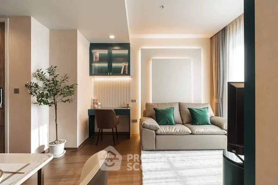 Modern living room with stylish decor and cozy seating area, perfect for relaxation and entertainment.