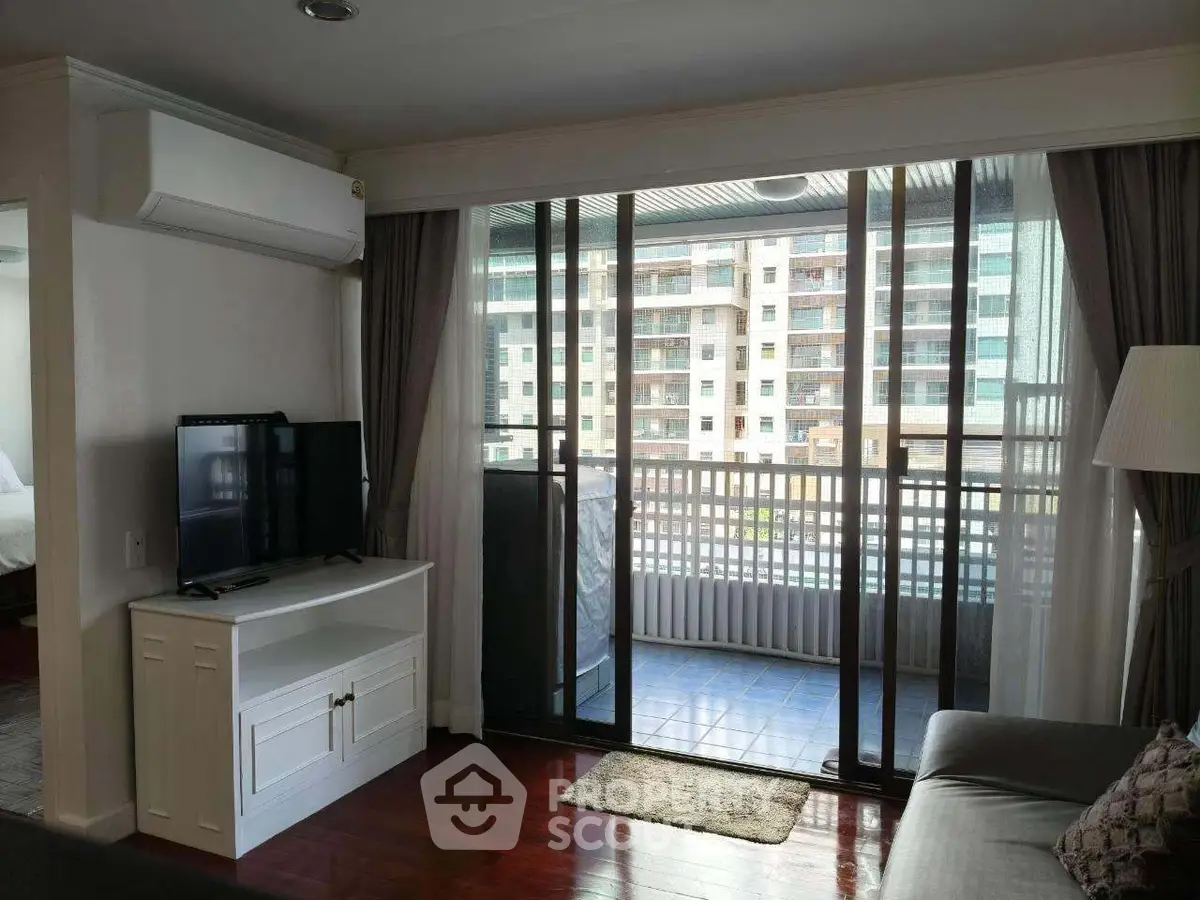 Modern living room with balcony view in urban apartment