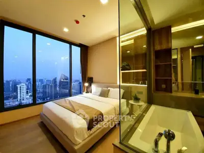 Luxurious bedroom with stunning city view and modern decor in high-rise apartment.