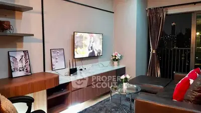 Modern living room with stylish decor and city view balcony