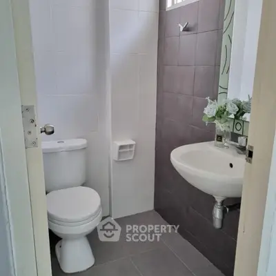 Compact modern bathroom with white fixtures and decorative plant