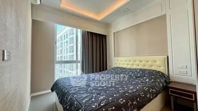 Modern bedroom with large window and stylish decor in urban apartment