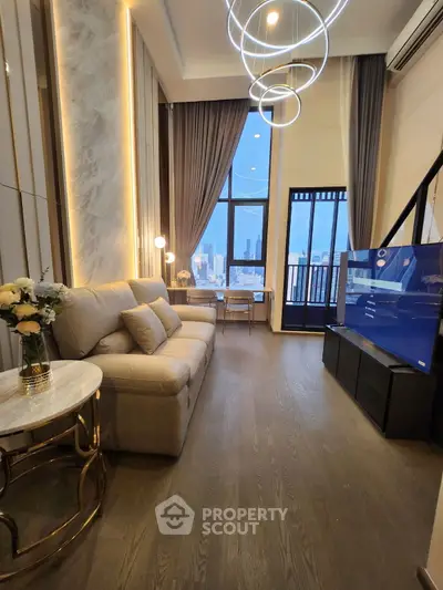 Luxurious modern living room with high ceilings and city view