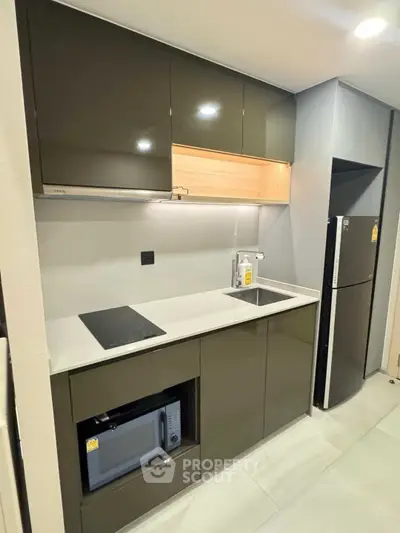 Modern kitchen with sleek cabinetry and built-in appliances in a compact layout.