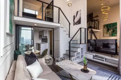 Luxurious modern living room with mezzanine and stylish decor