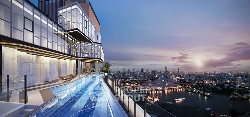 Luxurious rooftop pool with stunning city skyline view at sunset.