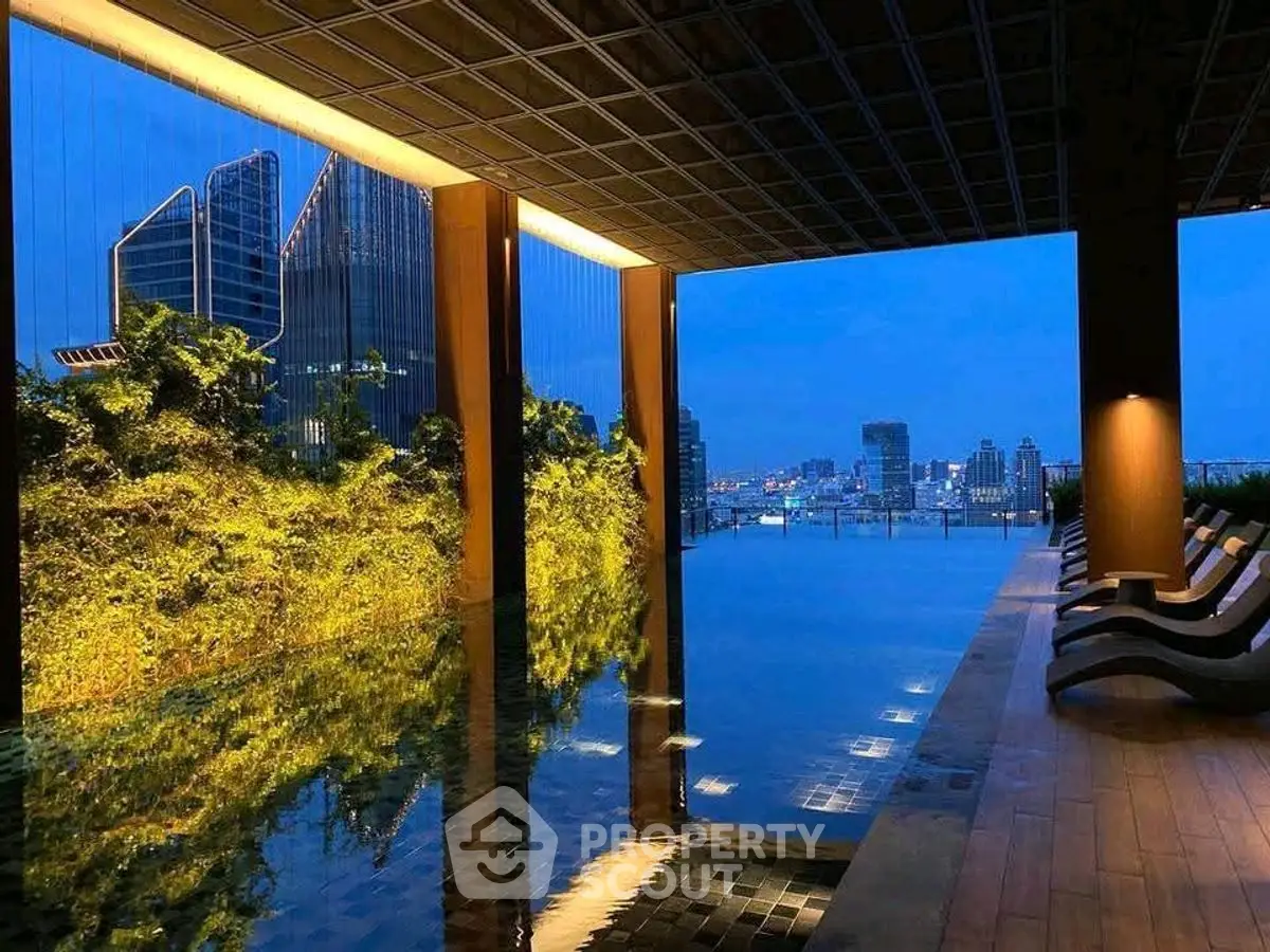 Luxurious rooftop infinity pool with stunning city skyline view at dusk.