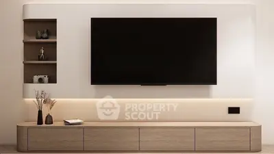 Modern living room with sleek TV unit and ambient lighting
