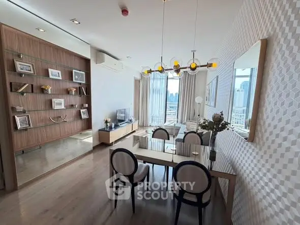 Modern living room with dining area, stylish decor, and city view through large windows.