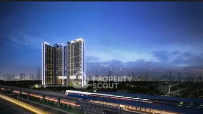Stunning high-rise building with city skyline view at dusk, perfect for urban living.
