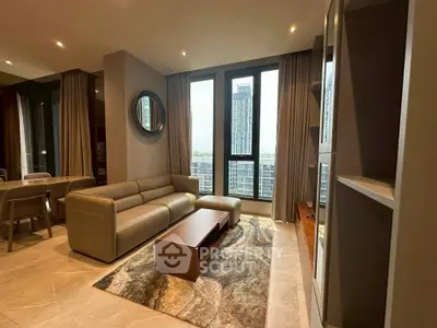 Modern living room with stylish furniture and city view, perfect for urban living.