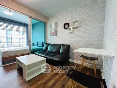 Modern living room with stylish decor and natural light in urban apartment