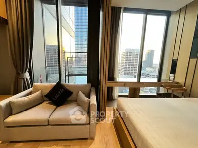 Luxurious bedroom with stunning city view and modern decor