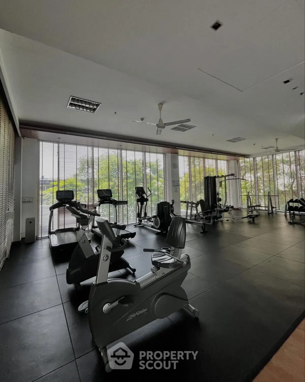 Spacious gym with modern equipment and large windows offering a serene garden view.