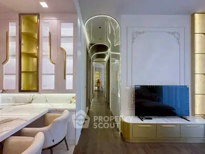 Luxurious modern living room with elegant marble accents and sleek design