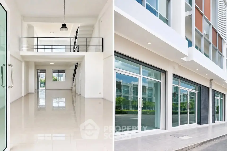 Spacious modern commercial property with sleek glass facade and open interior layout.
