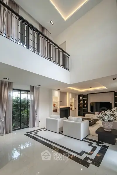 Luxurious modern living room with high ceilings and elegant decor