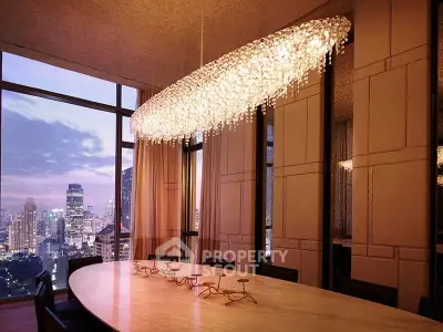 Luxurious dining room with stunning city view and elegant chandelier