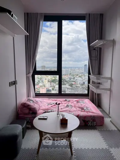 Cozy bedroom with panoramic city view, featuring a large window, minimalist decor, and a comfortable bed.