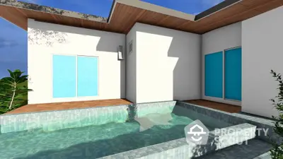 Modern home exterior with a stylish pool and sleek architectural design under a clear blue sky.