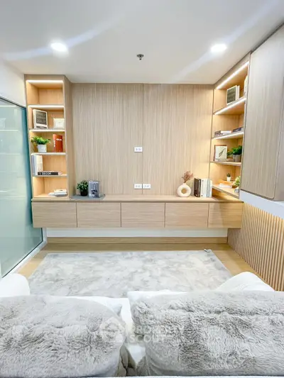 Modern living room with built-in shelves and cozy decor