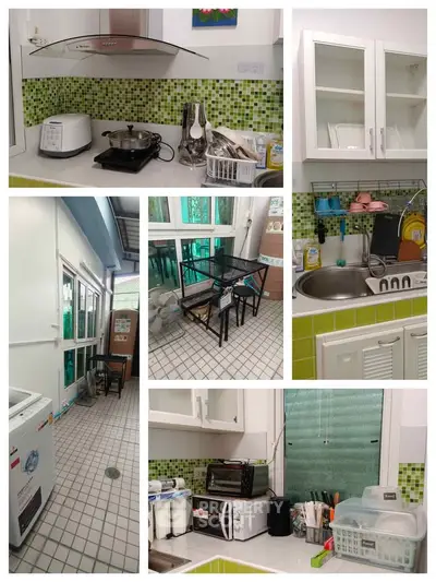 Charming kitchen with modern appliances and green tile backsplash, featuring a cozy dining area and ample storage.