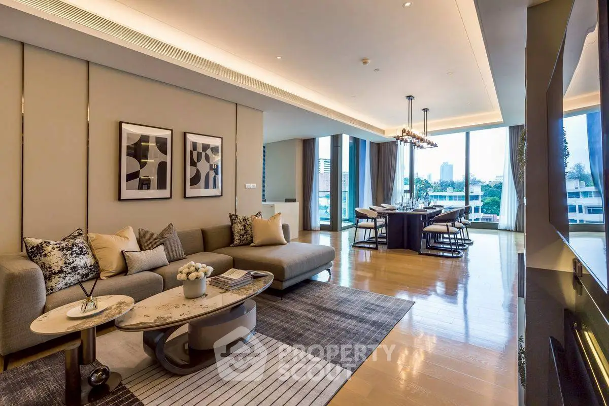 Luxurious modern living room with elegant decor and spacious dining area