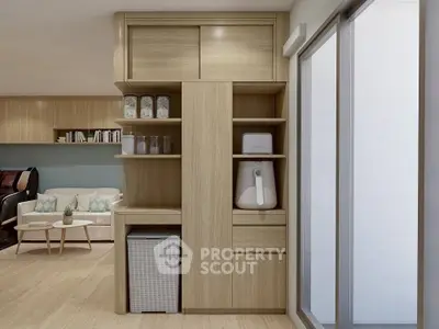 Modern living room with stylish wooden storage and cozy seating area