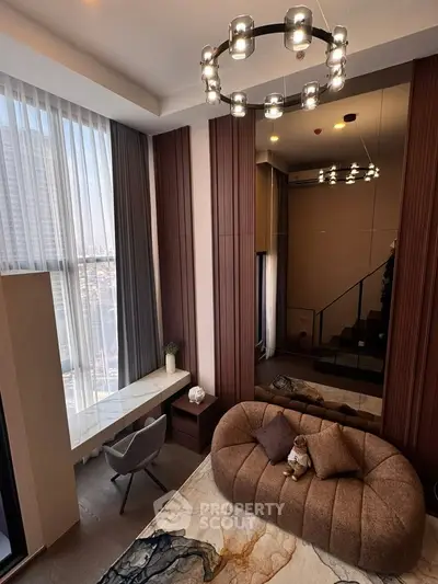 Luxurious modern living room with high ceilings and elegant decor