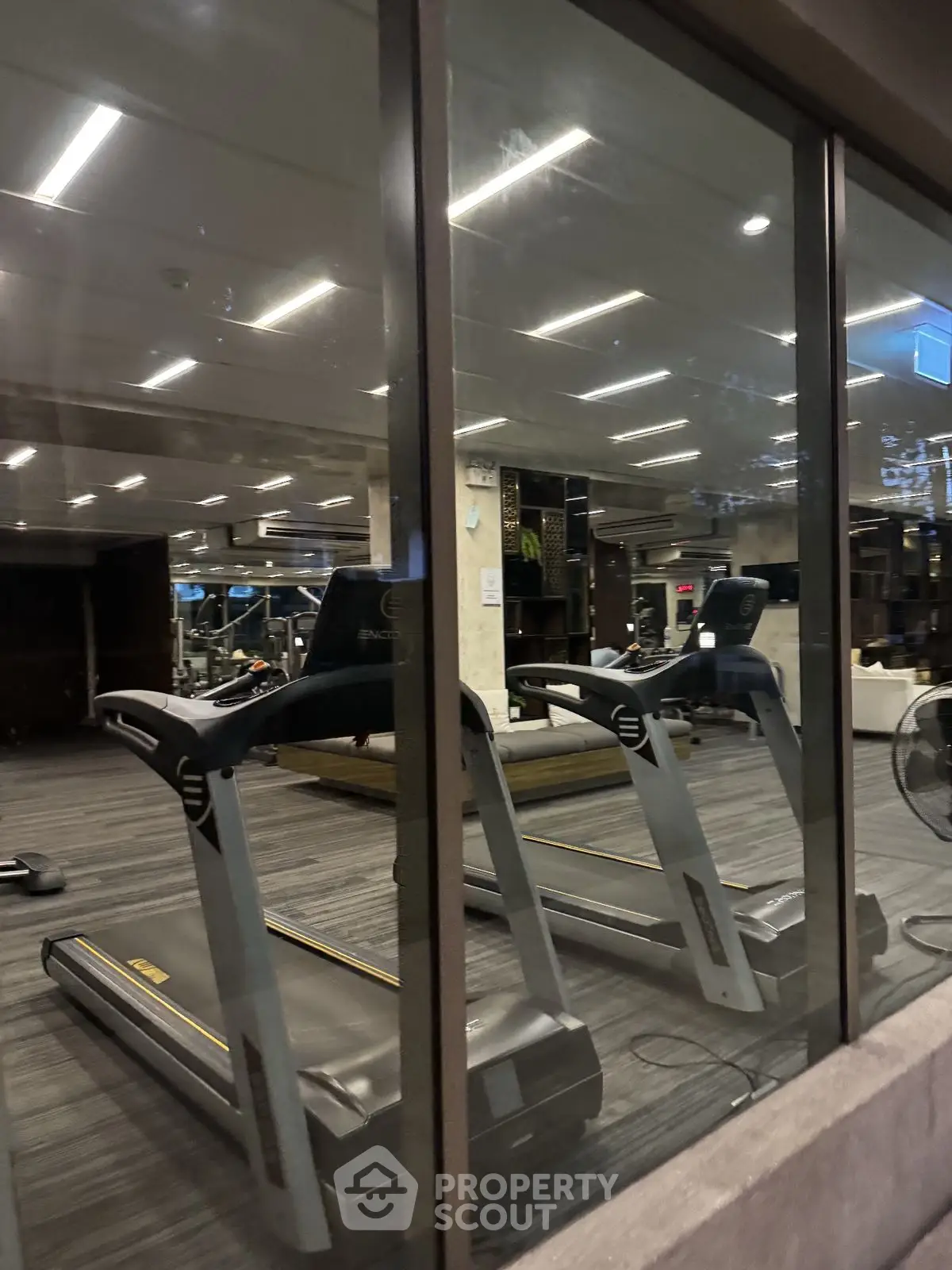 Modern gym with treadmills and sleek interior design, perfect for fitness enthusiasts.