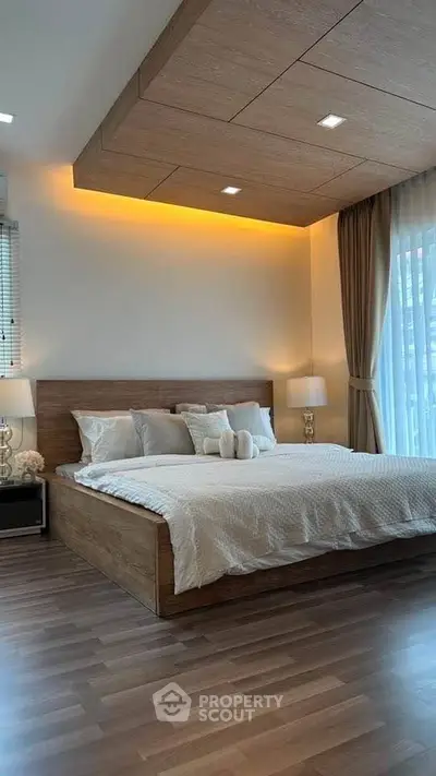 Luxurious bedroom with modern wooden accents and ambient lighting, featuring a cozy bed and elegant decor.