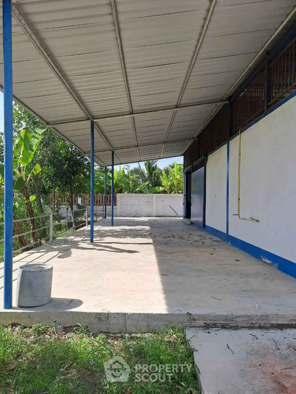 Spacious covered outdoor area with blue accents and lush greenery