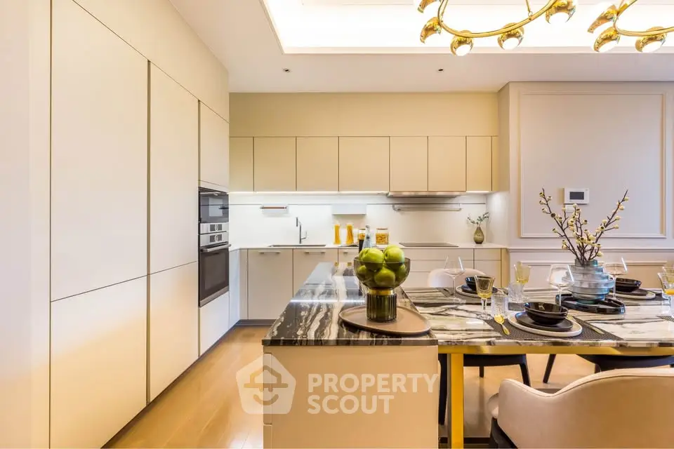 Luxurious modern kitchen with elegant dining area and high-end appliances