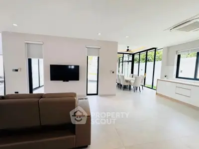 Spacious modern living room with open layout and large windows