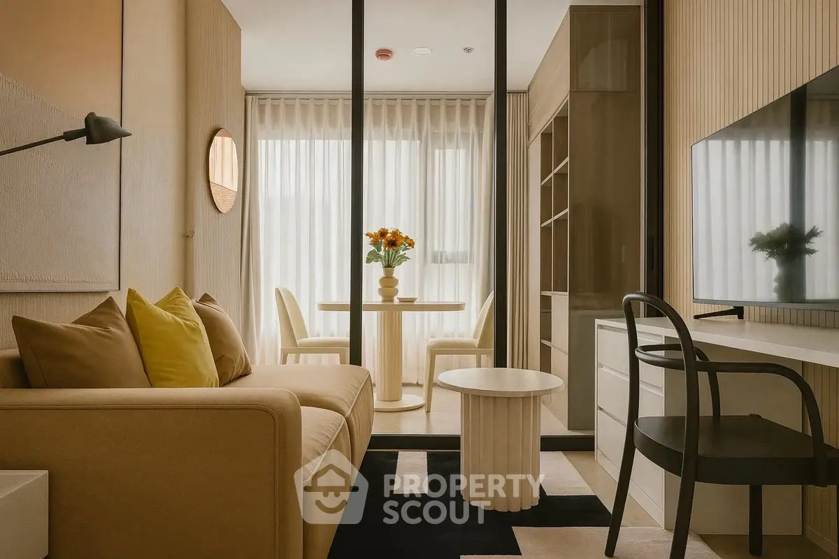 Modern living room with stylish decor and natural light, featuring a cozy sofa and dining area.