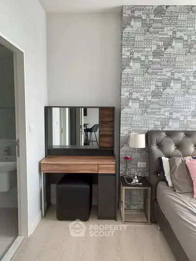 Stylish bedroom with elegant vanity and cityscape wallpaper