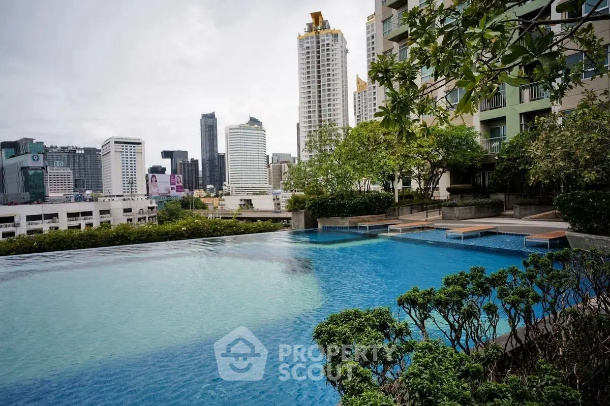 Luxurious rooftop pool with stunning city skyline view in modern urban setting.