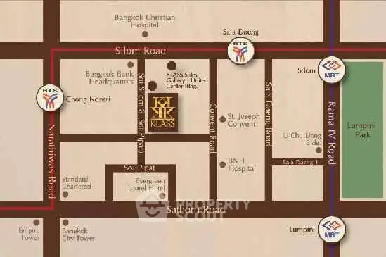 Map showing Klass Silom location near Silom Road with nearby amenities and transport links.