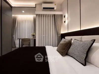 Luxurious modern bedroom with elegant decor and ambient lighting