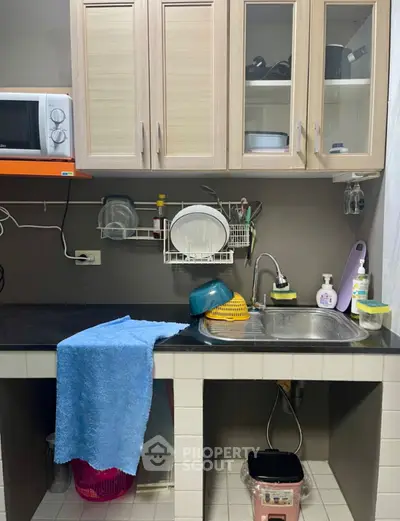 Compact kitchen with modern cabinets and appliances, featuring a sleek countertop and organized dish rack.