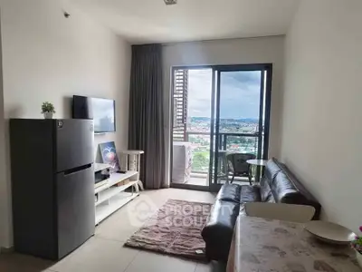 Modern living room with balcony and stunning city view