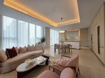 Luxurious modern living room with open kitchen and elegant decor