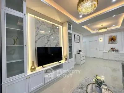 Luxurious modern living room with elegant lighting and marble accents