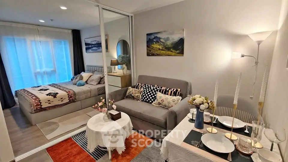 Chic modern apartment with cozy living room and stylish bedroom, perfect for urban living.