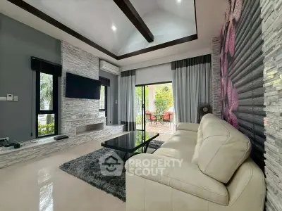 Modern living room with stylish decor and garden view